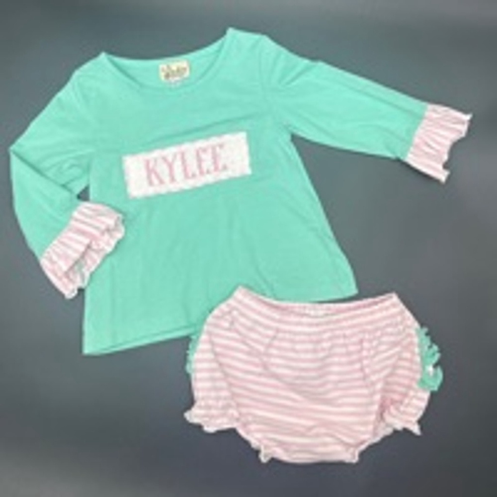 “KYLEE” Smocked Petals Outfit Set 24M Green & Pink